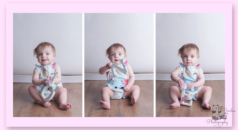 Triptych of little girl spelling out O-N-E